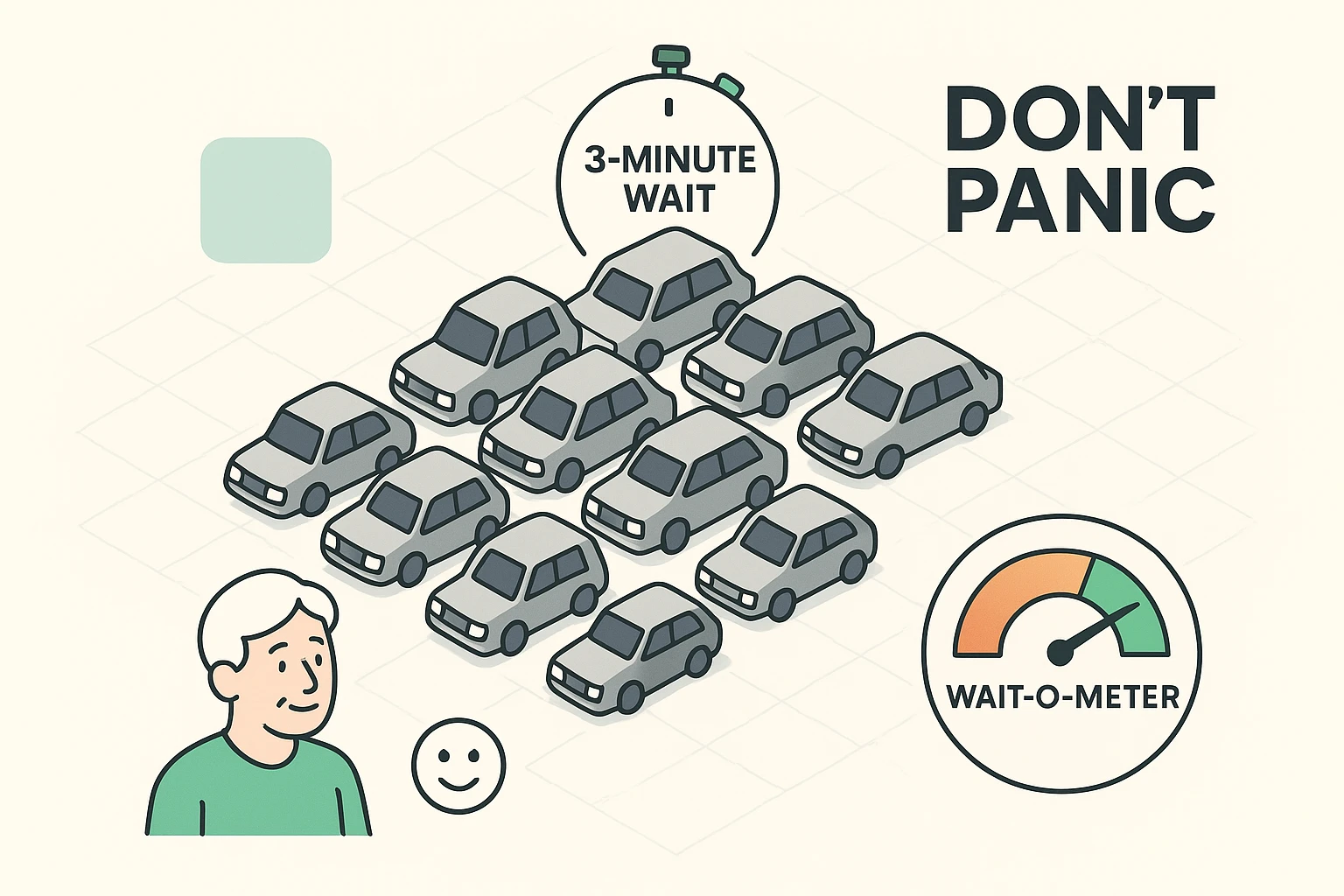 This image visualizes the 'Don't Panic' protocol, using a traffic jam metaphor and a 3-minute wait timer to guide seniors calmly through computer freezes.