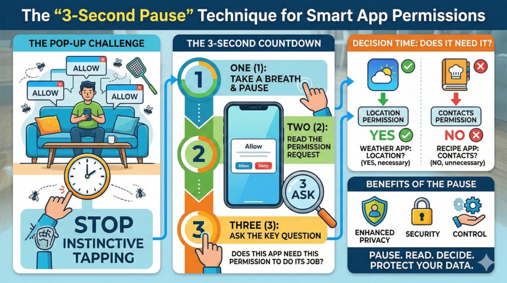 An infographic explaining the '3-Second Pause' for app permissions. It shows a 3-step process: pause, read the request, and ask if the app needs it. Examples show a weather app needing location (Yes) versus a recipe app needing contacts (No).