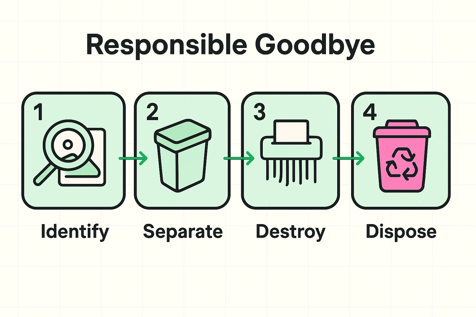 This step-by-step visual guides seniors through safe and environmentally responsible photo disposal, emphasizing proper separation and destruction methods.