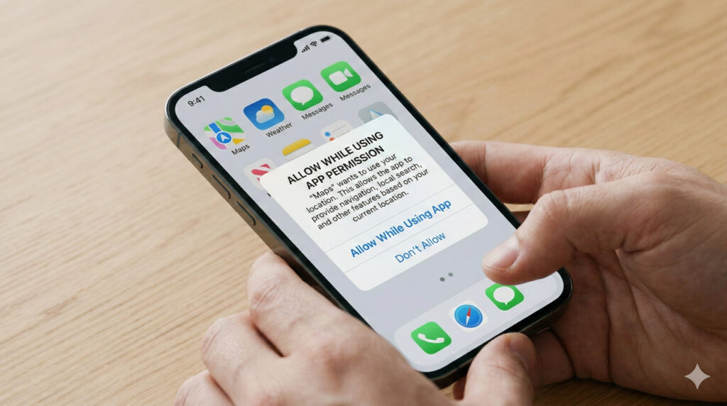 A hand holding a smartphone on a wooden surface, showing an 'Allow While Using App' permission pop-up for a maps application.