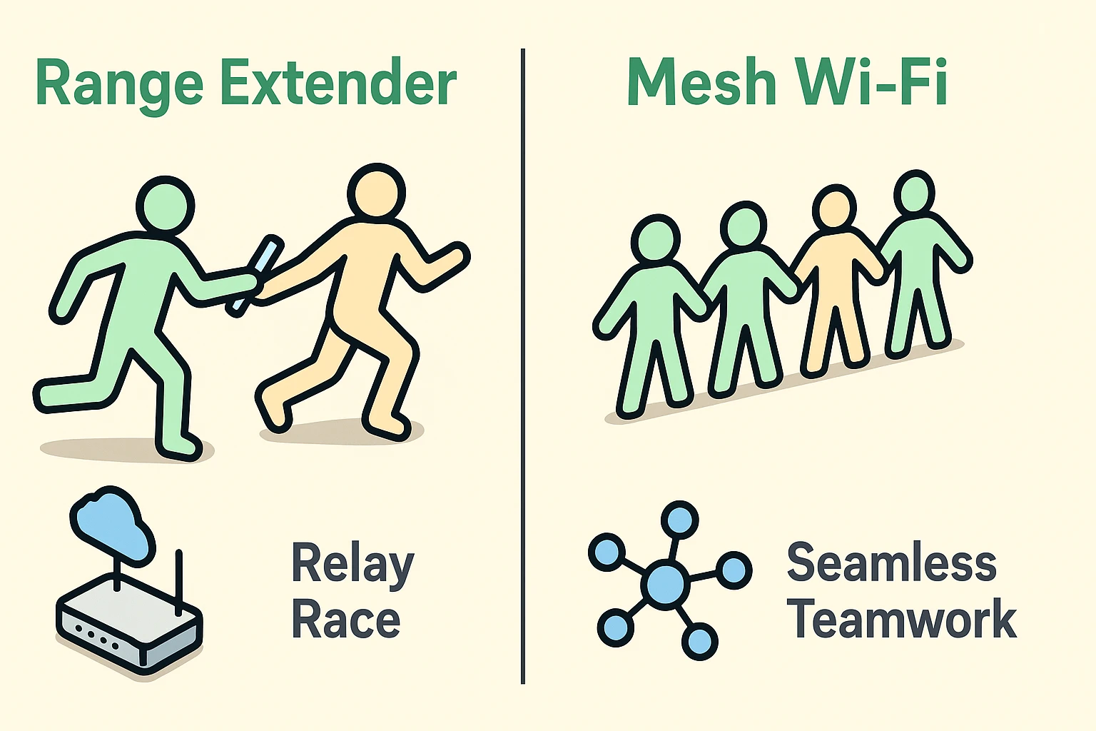 This image contrasts Range Extenders and Mesh Wi-Fi using a relay race versus coordinated team metaphor to clarify reliability differences for seniors.