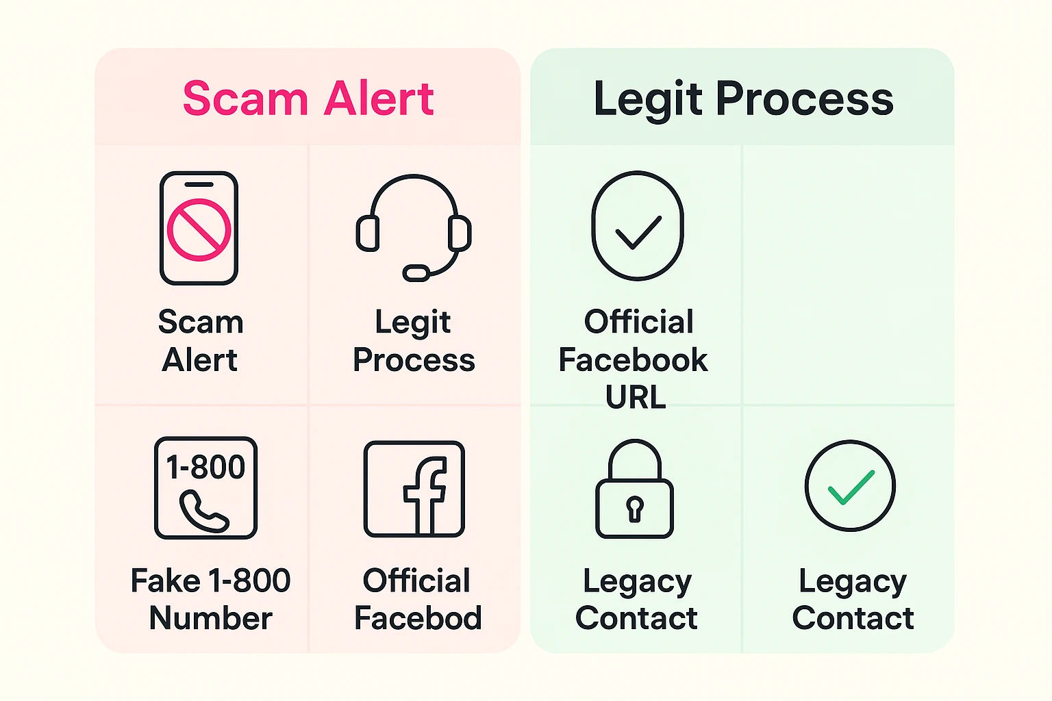 This image helps seniors differentiate between Facebook scam attempts and legitimate processes, and clarifies memorialized account options.