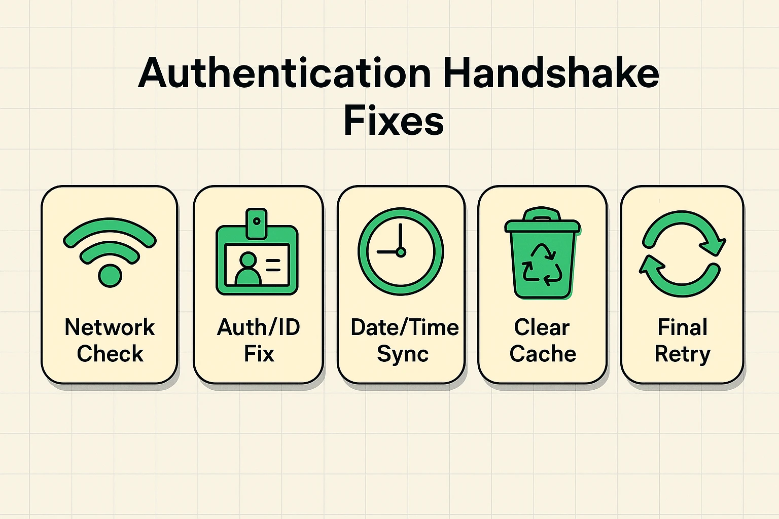 Guides users through sequential fixes for common authentication errors preventing app installation, including date/time synchronization and cache clearing.