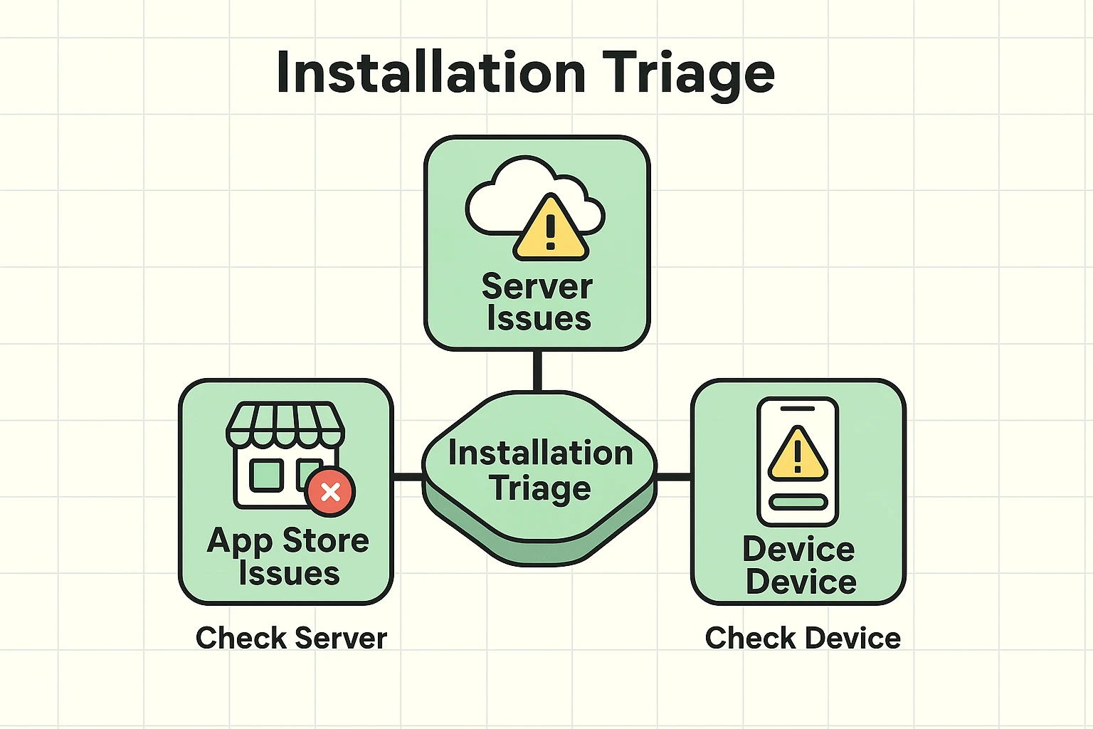 This visual maps the key triage points to diagnose app installation failures across server, store, and device issues, simplifying complex troubleshooting.