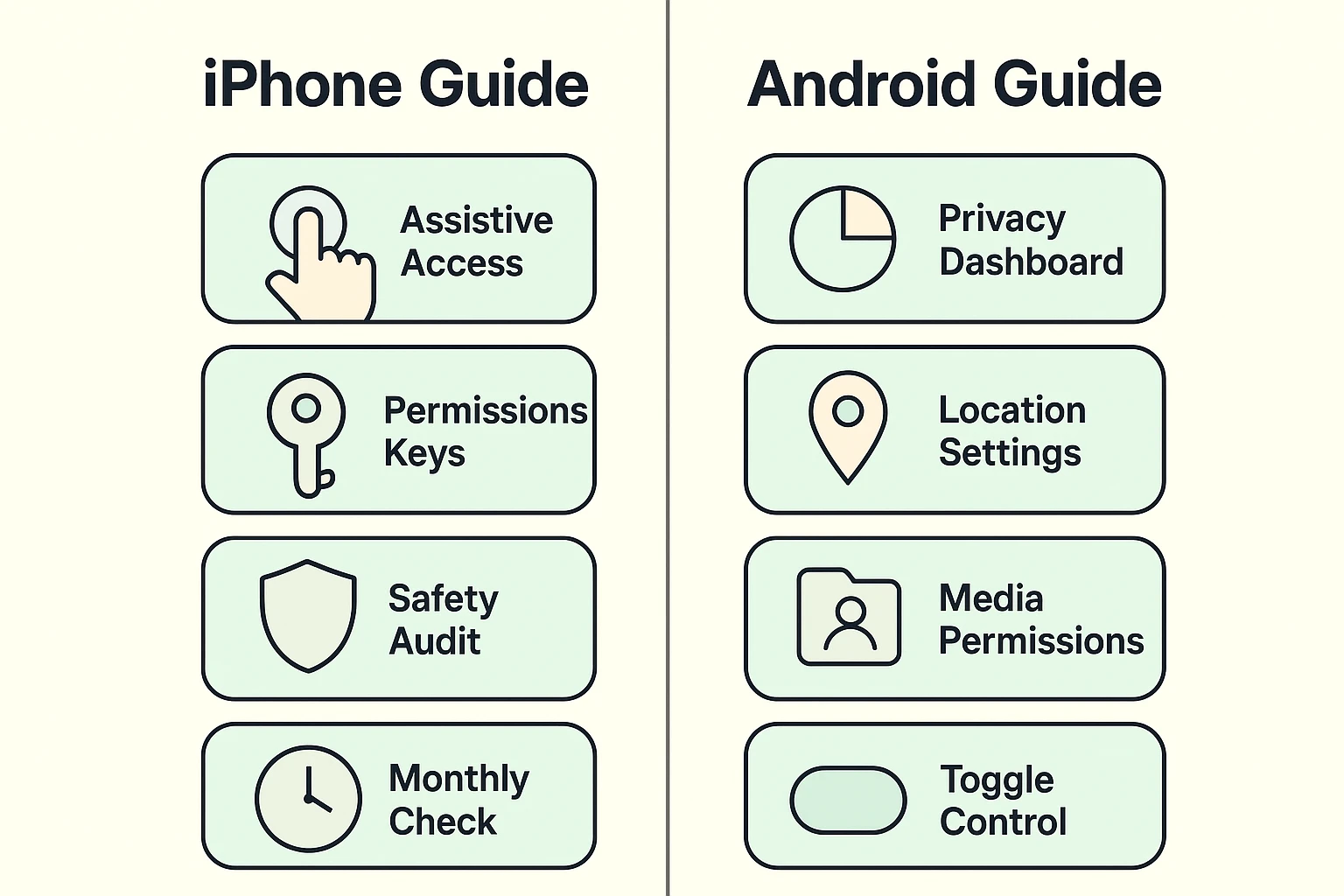 This step-by-step flow visual guides seniors through managing app permissions on new iOS and Android versions, empowering easy digital safety audits.