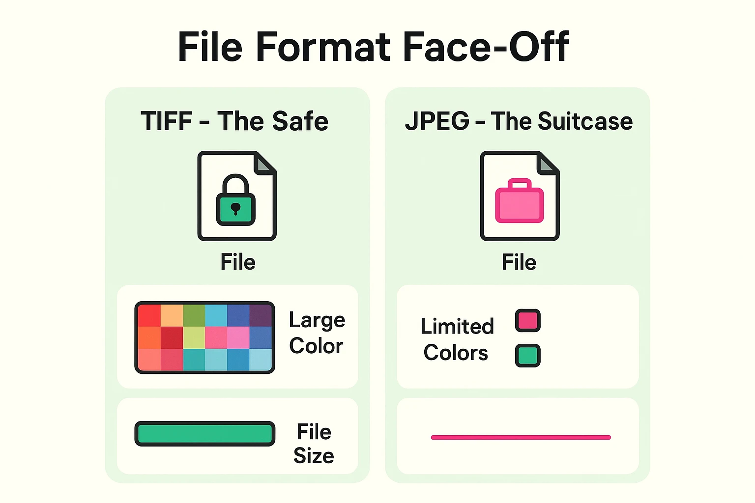 This comparison visual clarifies TIFF's archival safety versus JPEG's convenience for sharing, highlighting key technical differences.