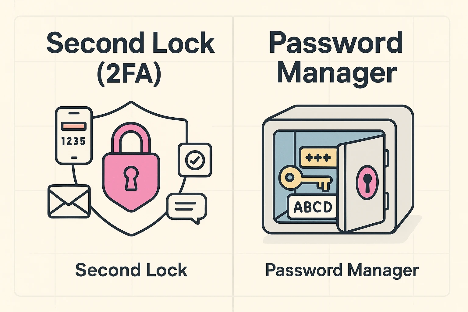 Visualizes the critical future-proofing tools of secondary authentication and password managers, helping seniors secure their digital lives after recovery.