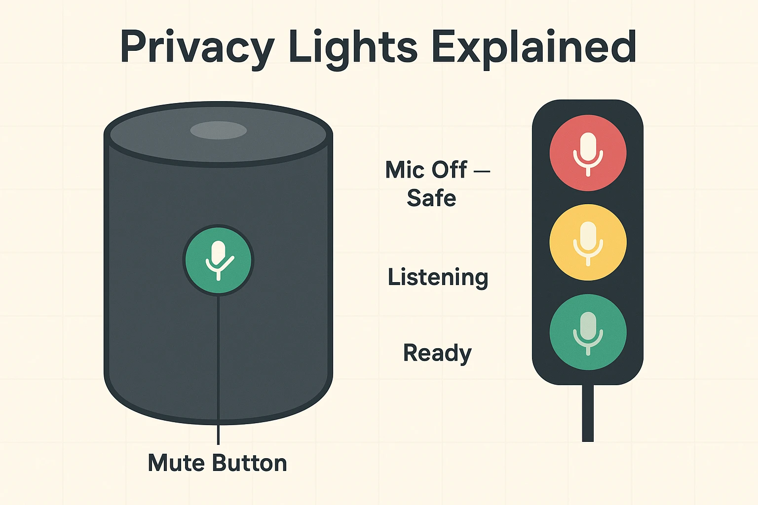 This image educates seniors on the physical mute switch and the meaning of red, yellow, and green light indicators on popular smart speakers.
