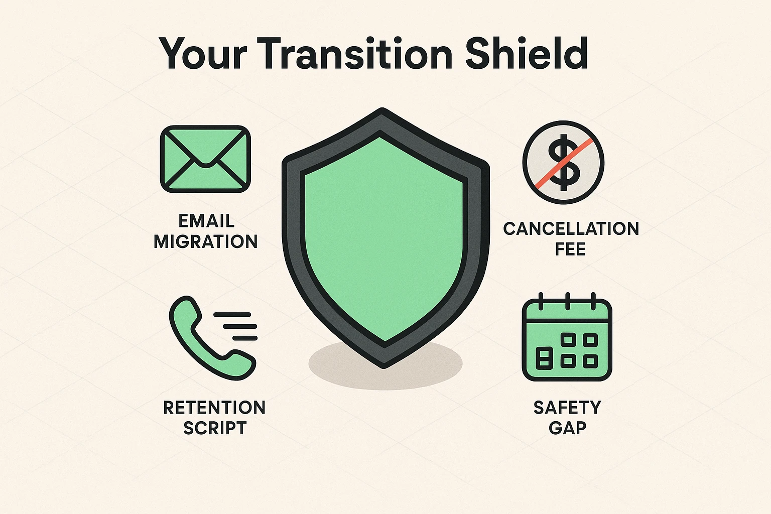 This visual explains the key protections seniors need during internet provider transitions: keeping emails safe, avoiding fees, managing retention calls, and ensuring uninterrupted service.