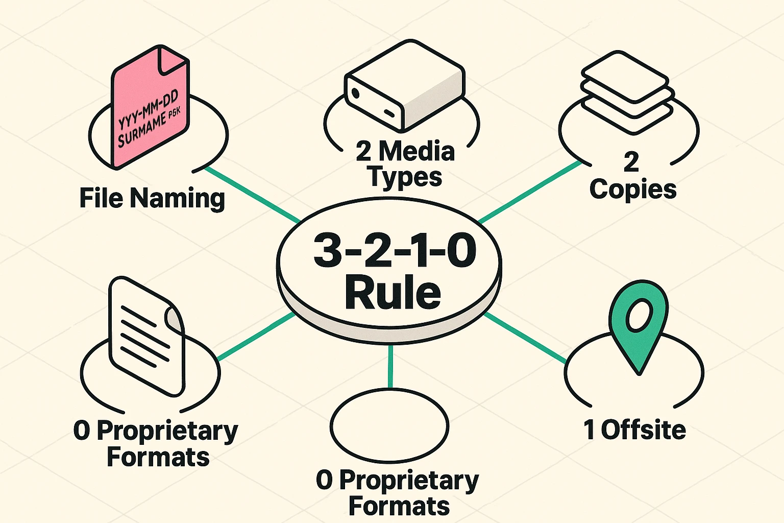 This visual explains the essential components of a robust digital preservation strategy, emphasizing backups, open formats, and standardized file naming.