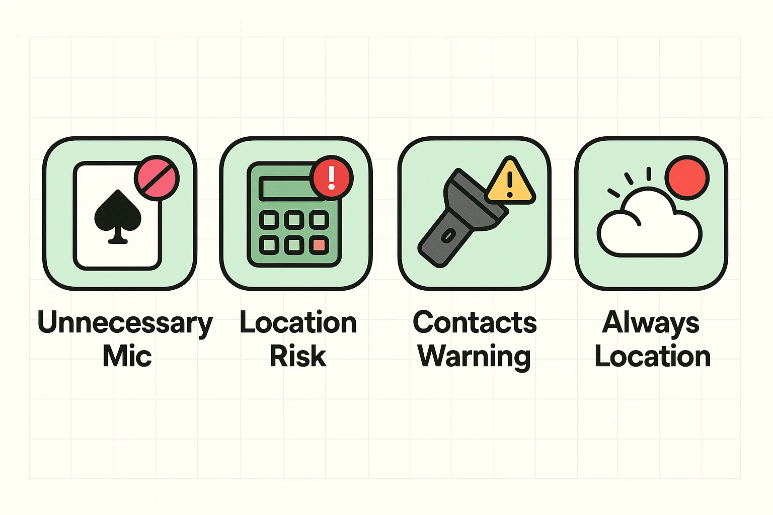 This visual warns seniors about red flag app permissions, like games requesting mic access or apps asking for always-on location, supporting cautious decision-making.