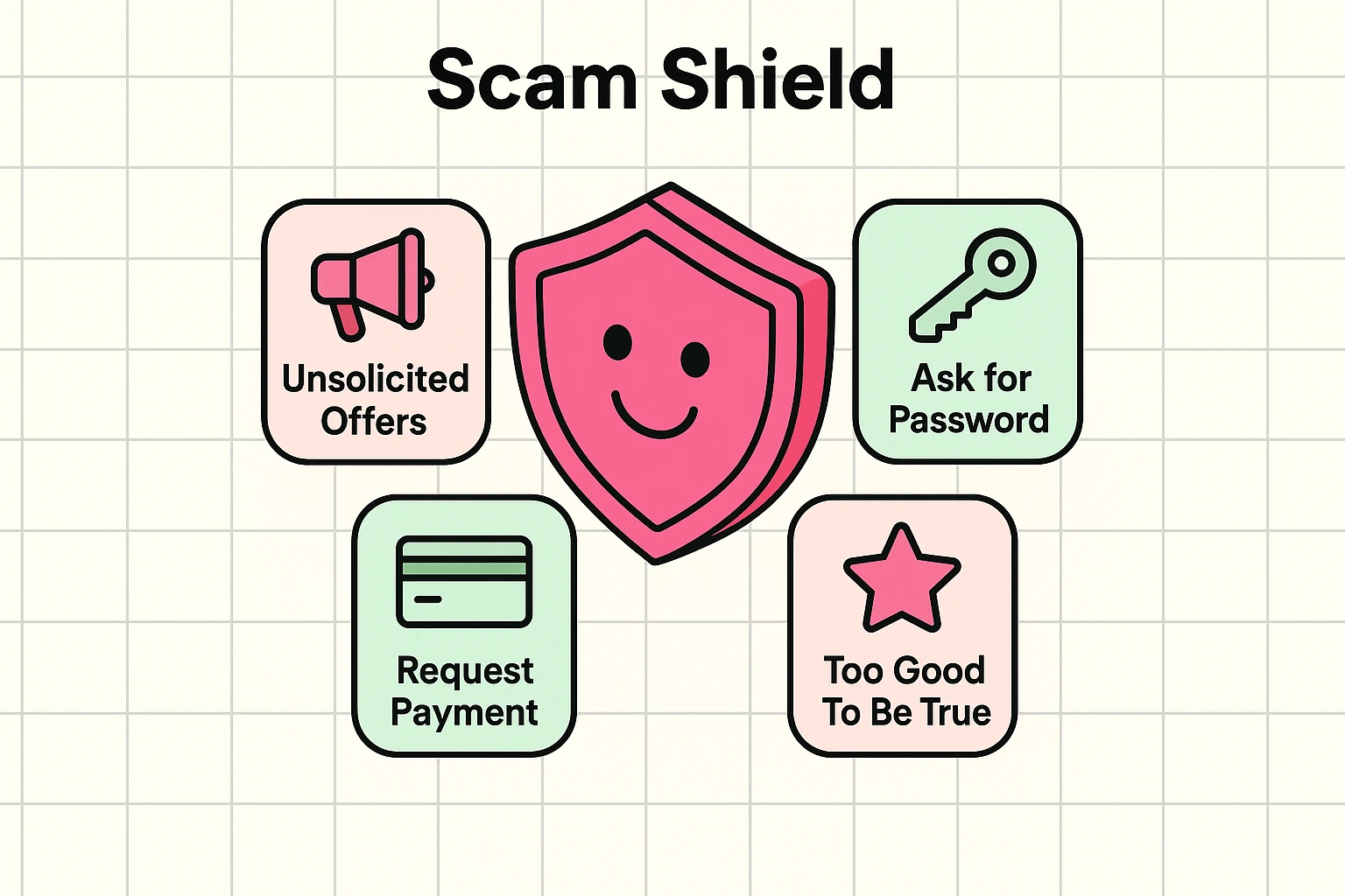 This Scam Shield graphic educates users on the primary warning signs to avoid fraudulent recovery schemes.