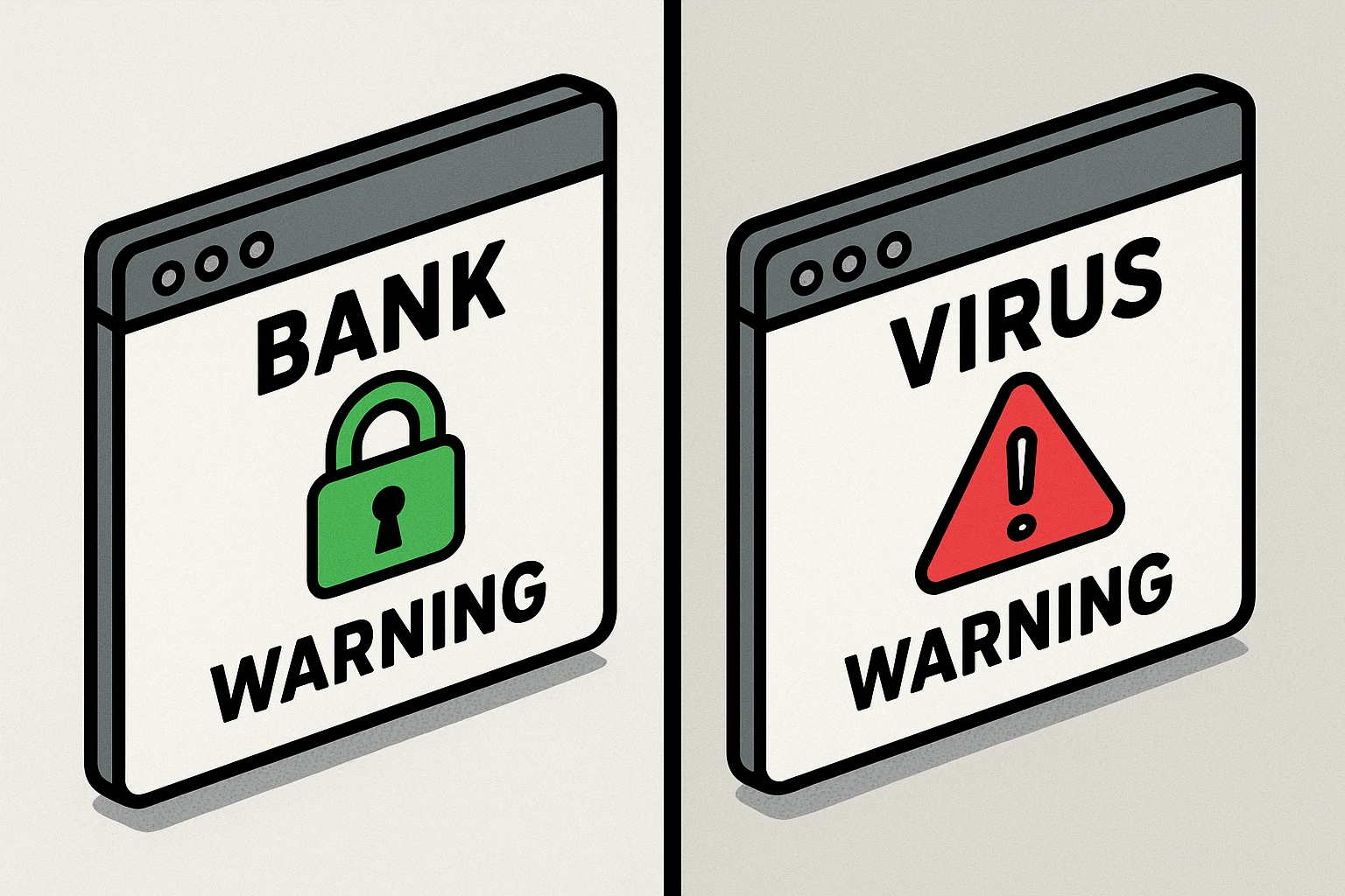 This comparison highlights cues distinguishing real warnings from scams.