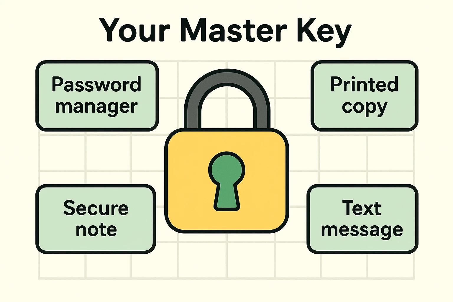 This visual explains the backup codes as a 'master key' metaphor, helping seniors understand how their backup codes act as a physical spare key to regain account access.