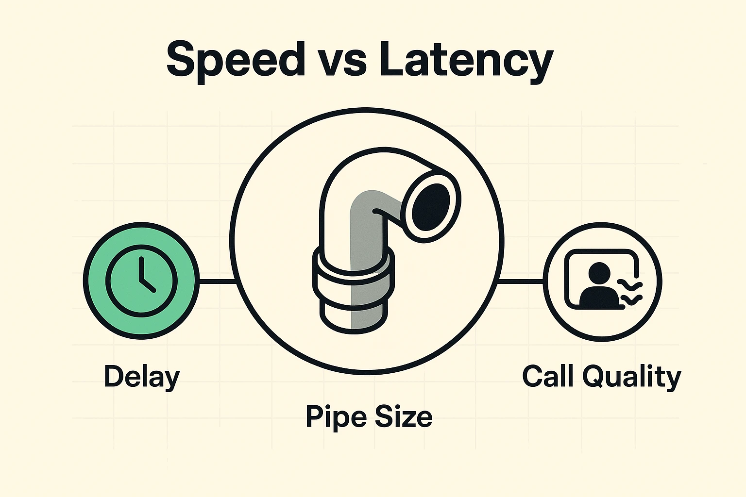Visualizing the difference between internet speed (the size of the pipe) and latency (the delay), this helps seniors grasp lag in video calls using clear, friendly icons.