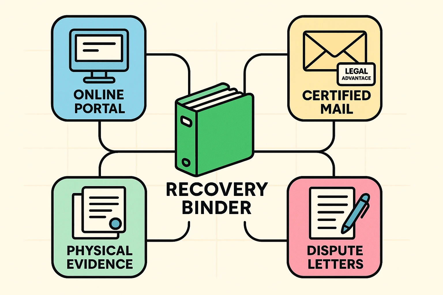 This visual emphasizes the senior-first strategy of dispute via certified mail over digital portals, framing recovery as a legal binder with physical evidence.
