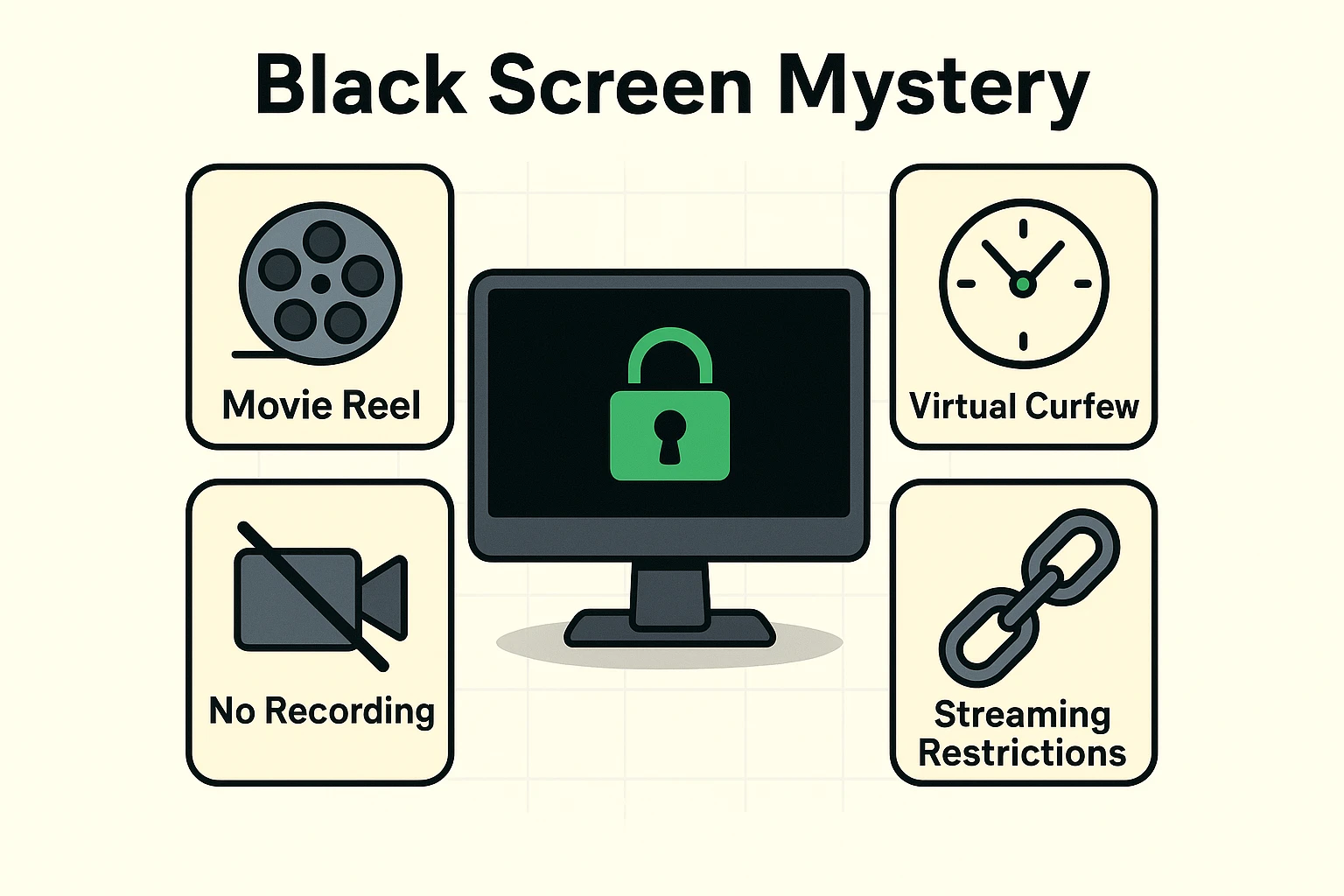 Illustrates the concept of Digital Rights Management as a 'Virtual Curfew' preventing certain movies from appearing during streaming sessions.