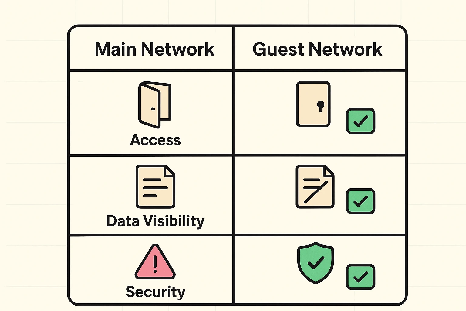 This comparison highlights the key differences in access, visibility, and security between your main and guest Wi-Fi networks, reinforcing the benefits of isolation.