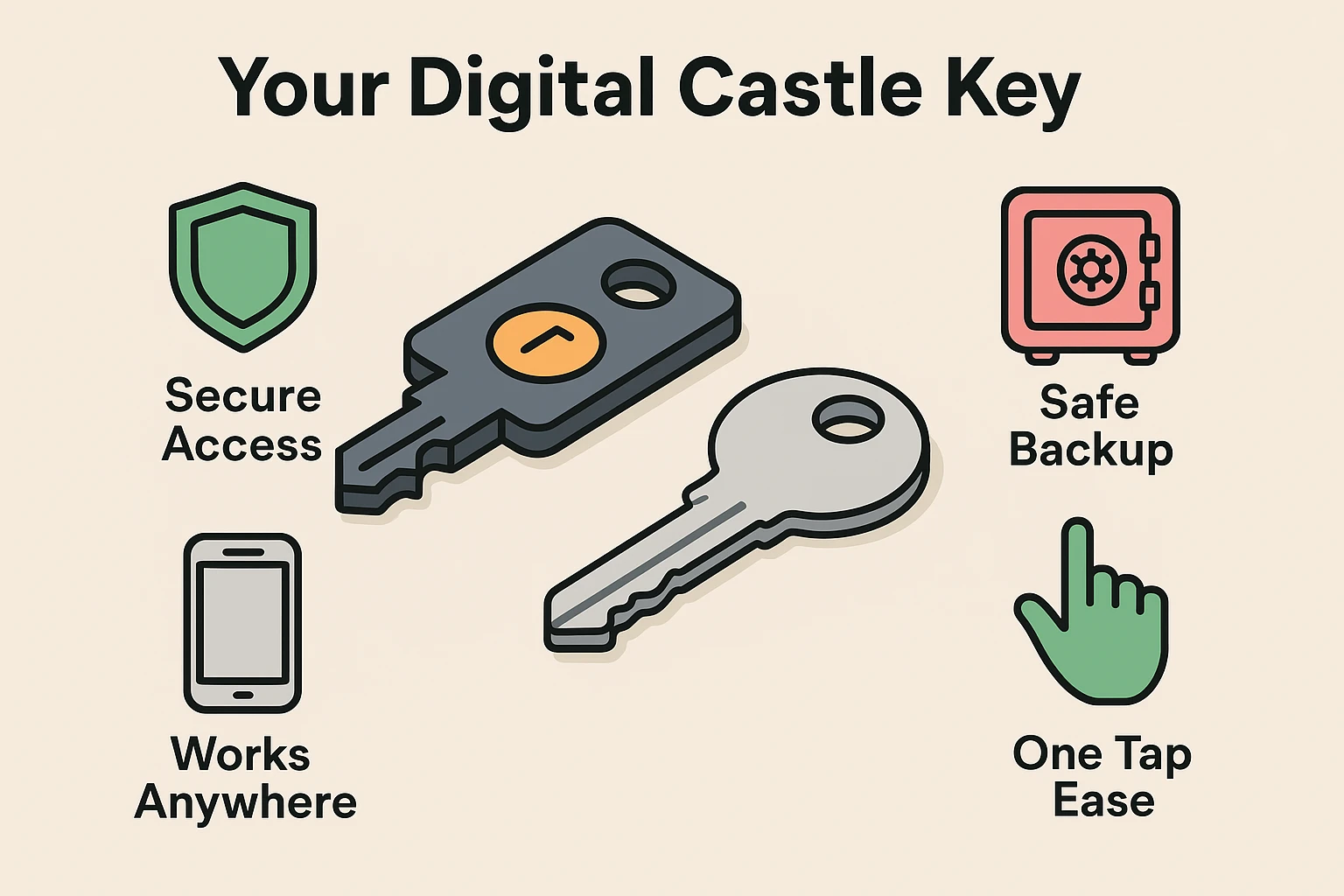 Explains the physical analogy of hardware keys for seniors, focusing on safety, ease, and compatibility.