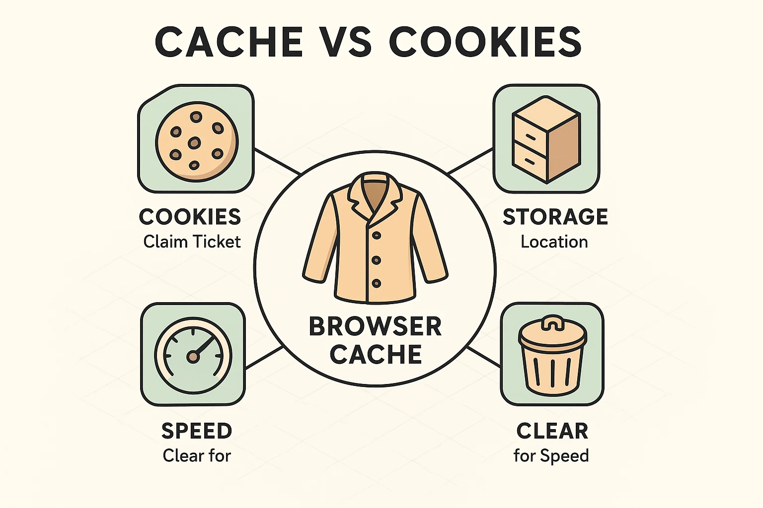 This visual explains browser cache versus cookies using a coat and ticket metaphor, helping seniors understand digital 'storage' and the benefits of clearing cache for faster browsing.