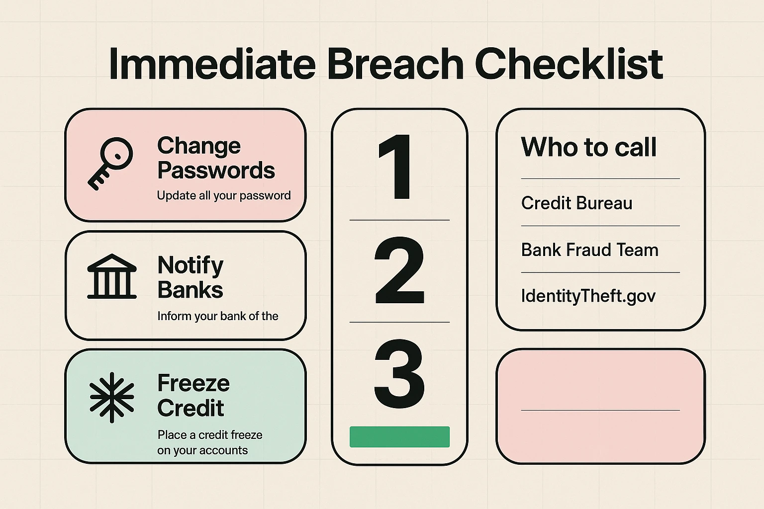 A calm, step-by-step "Immediate Breach Checklist" with bold numbers and contact quick-steps to help seniors act fast after a data incident.