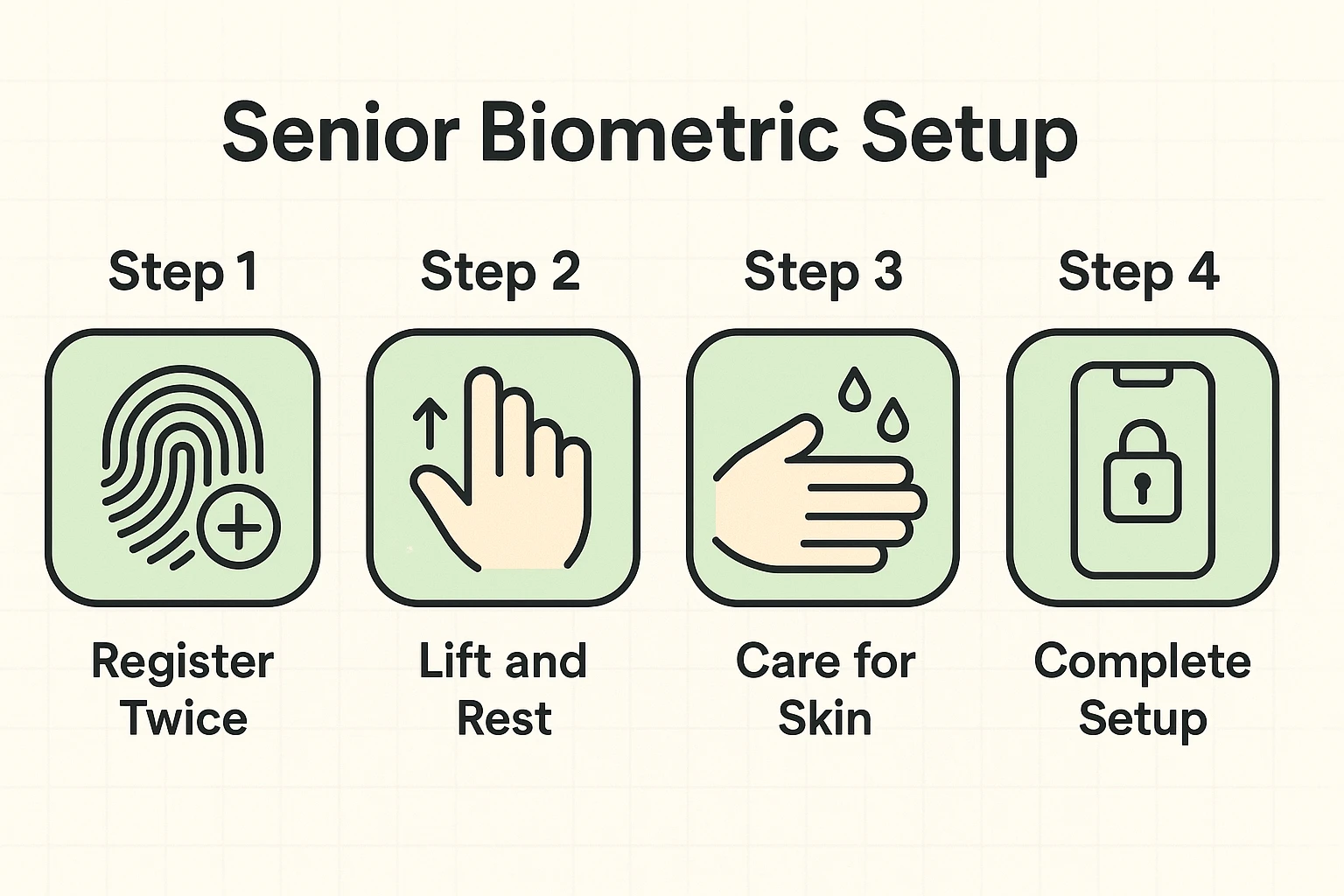 This step-by-step graphic guides seniors through effective biometric setup addressing common issues to ensure smooth device unlocking.