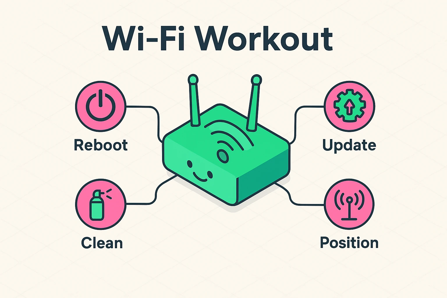 This visual metaphorically represents router maintenance as a fitness regimen, framing key tasks as workout stations to promote proactive care.