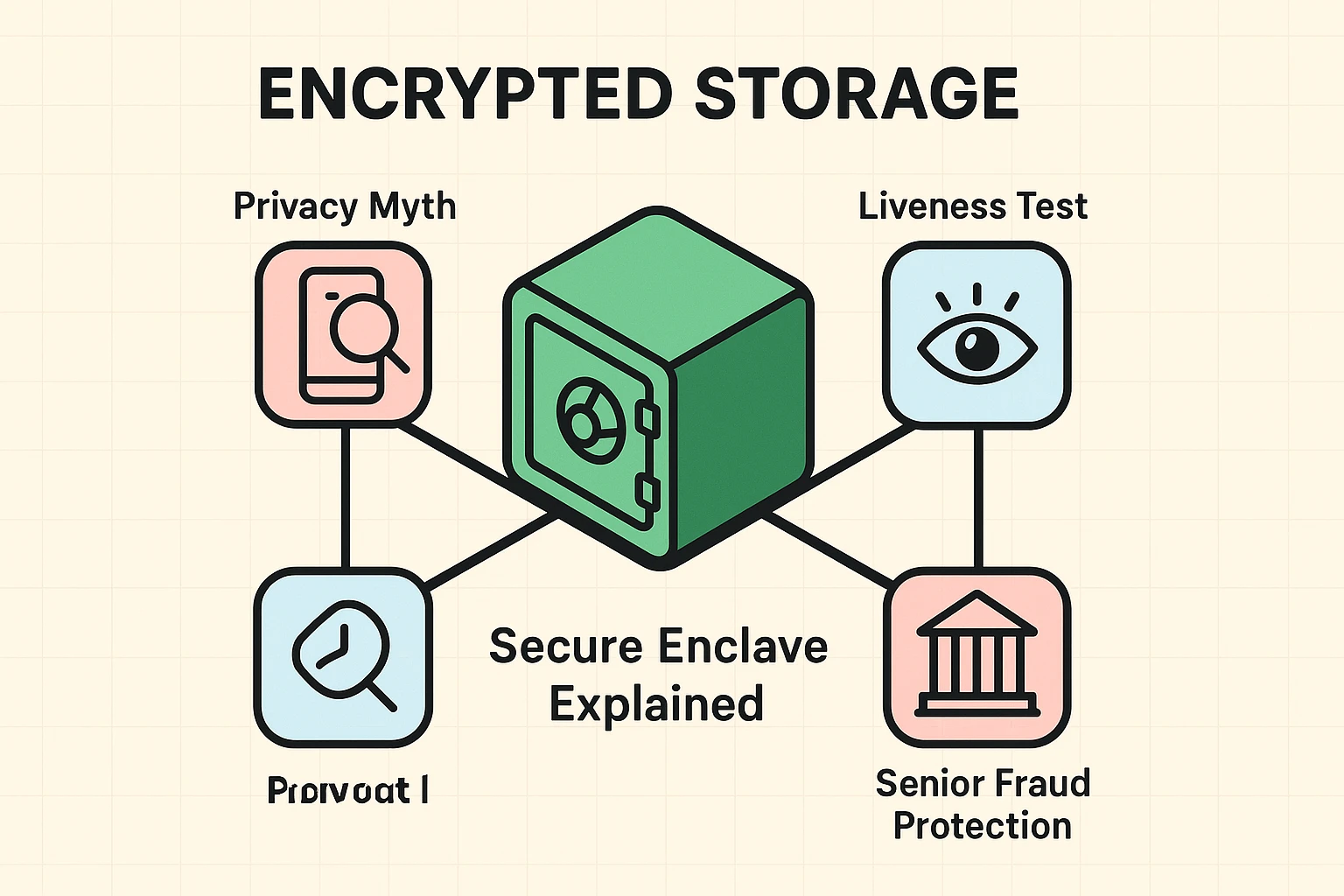 Visual framework explaining biometric data privacy, fraud prevention through liveness tests, and senior-specific security protections.