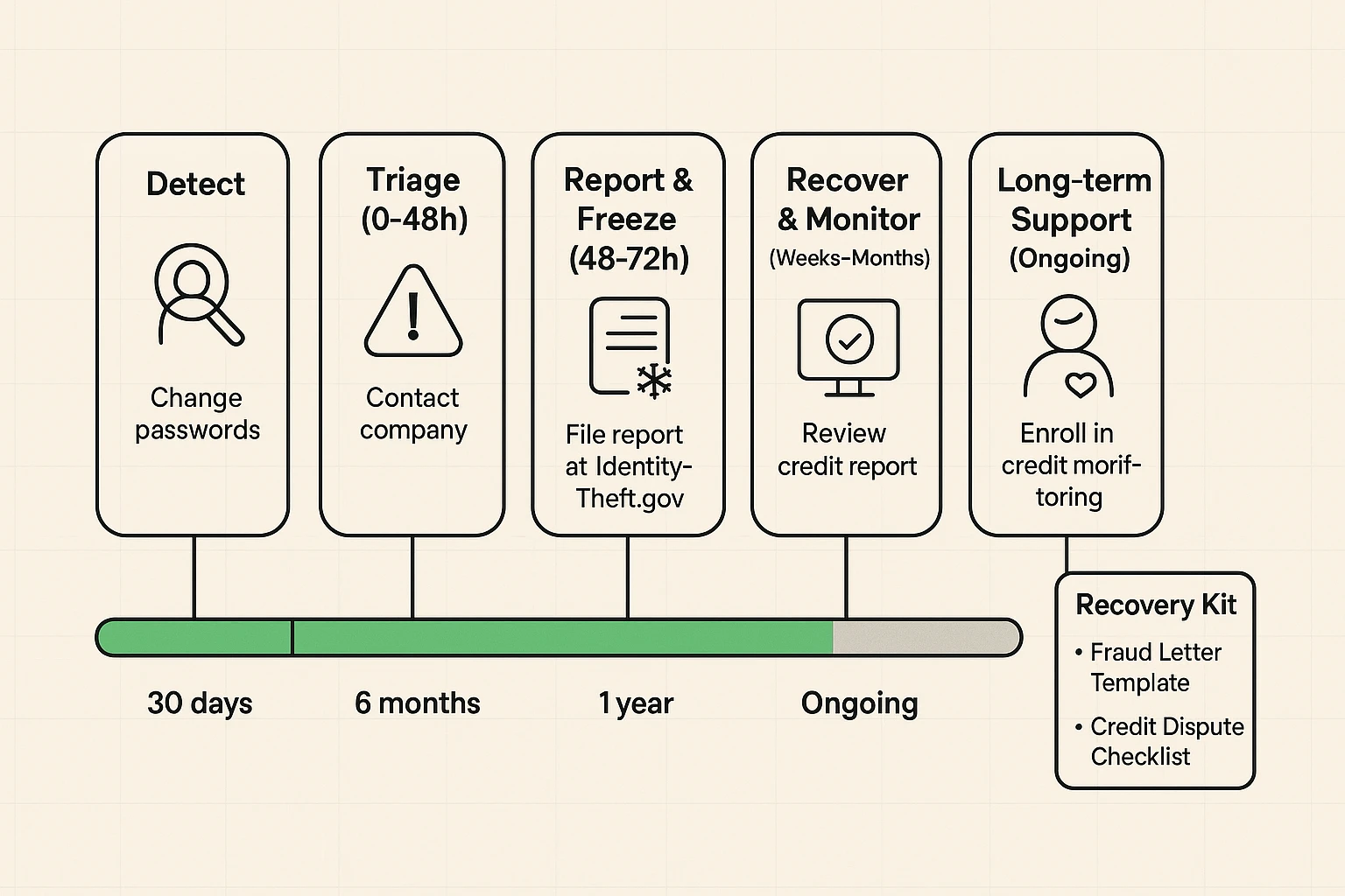 A practical timeline outlining detection, triage, reporting, recovery, and ongoing monitoring—plus a downloadable recovery kit to support seniors through every stage.