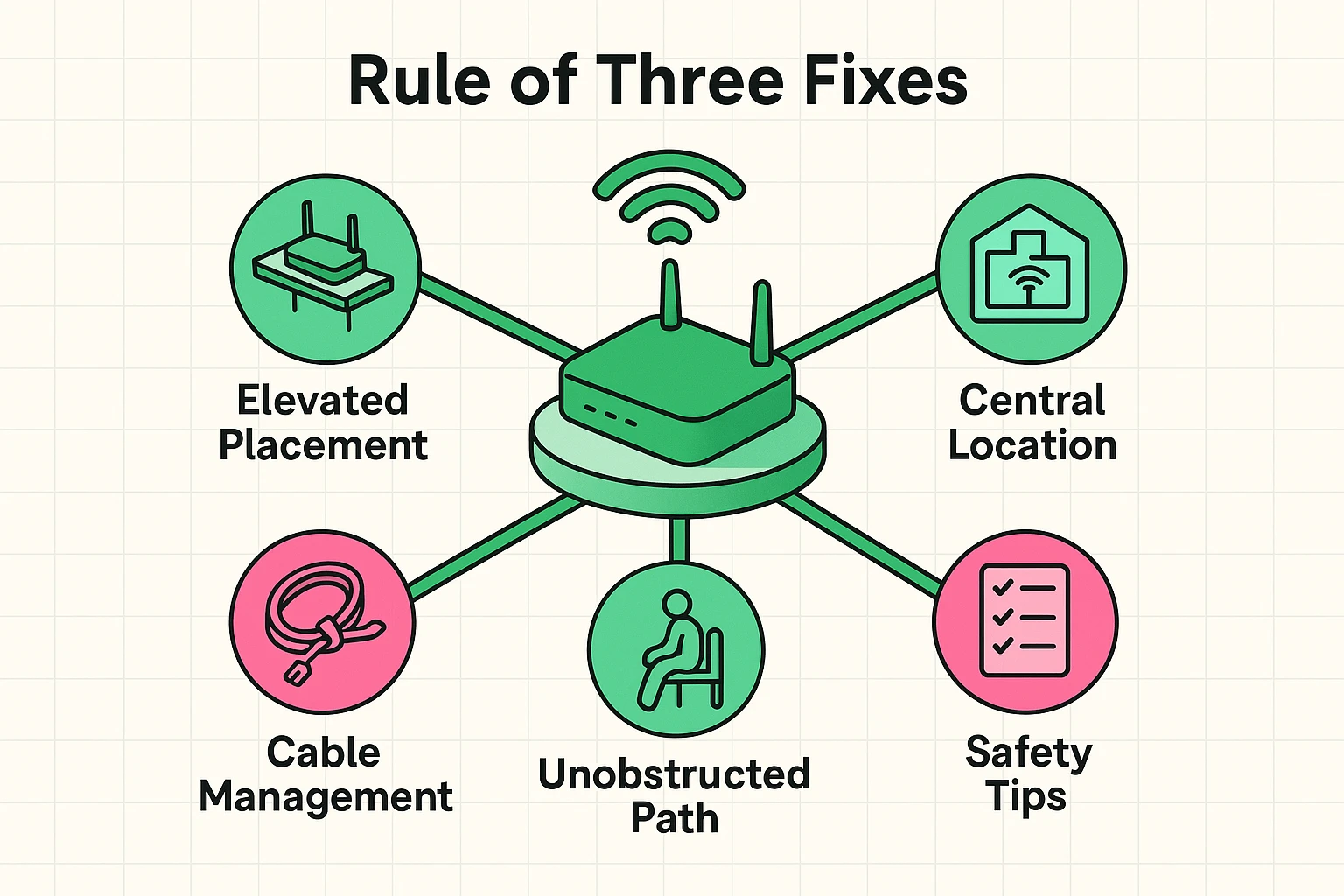 This visual presents the Rule of Three Wi-Fi placement fixes alongside safety tips for seniors to improve coverage effectively and safely.