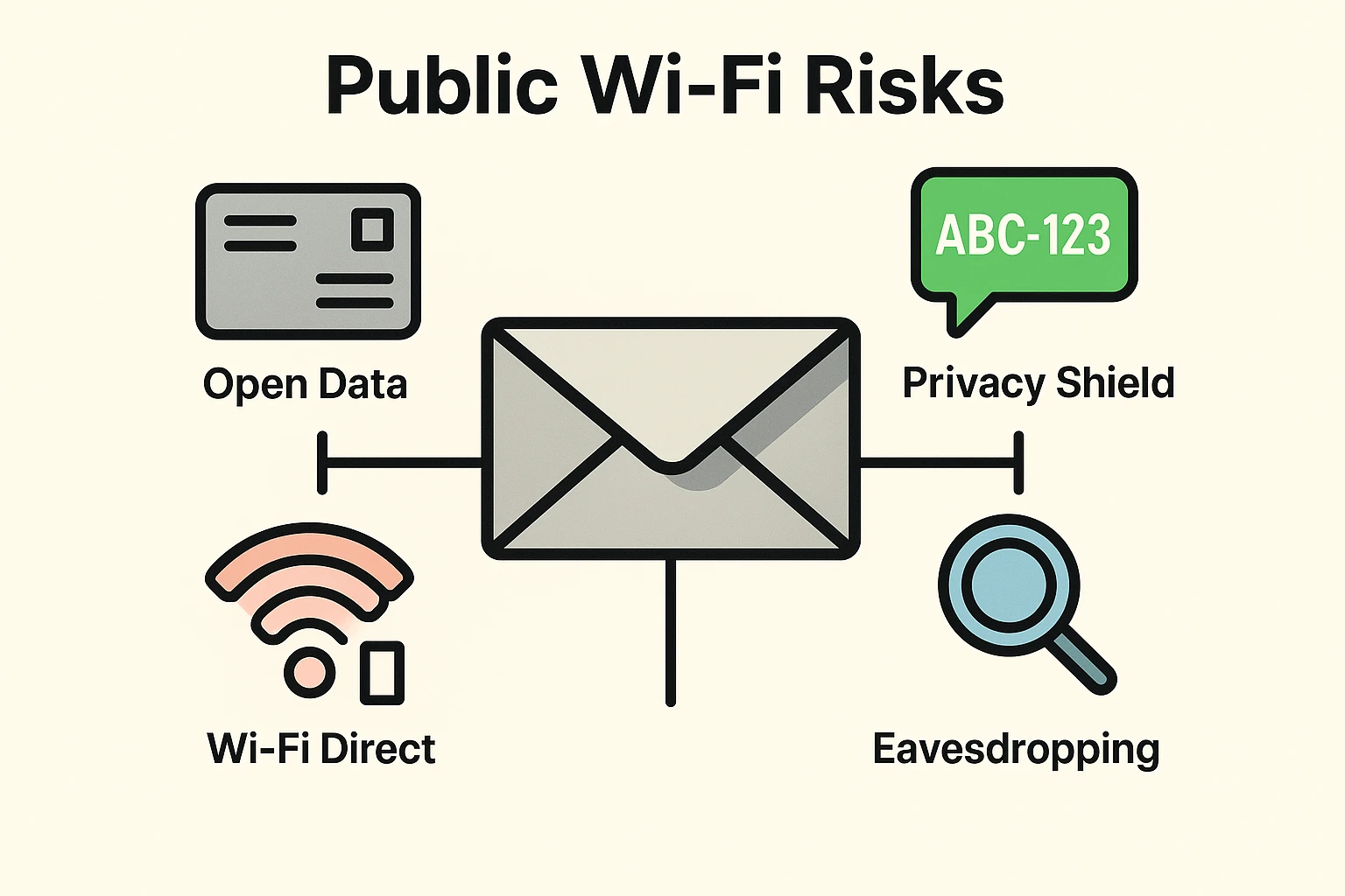 This visual explains core public Wi-Fi risks using familiar metaphors like the envelope for encryption and fake license plates for privacy protection.