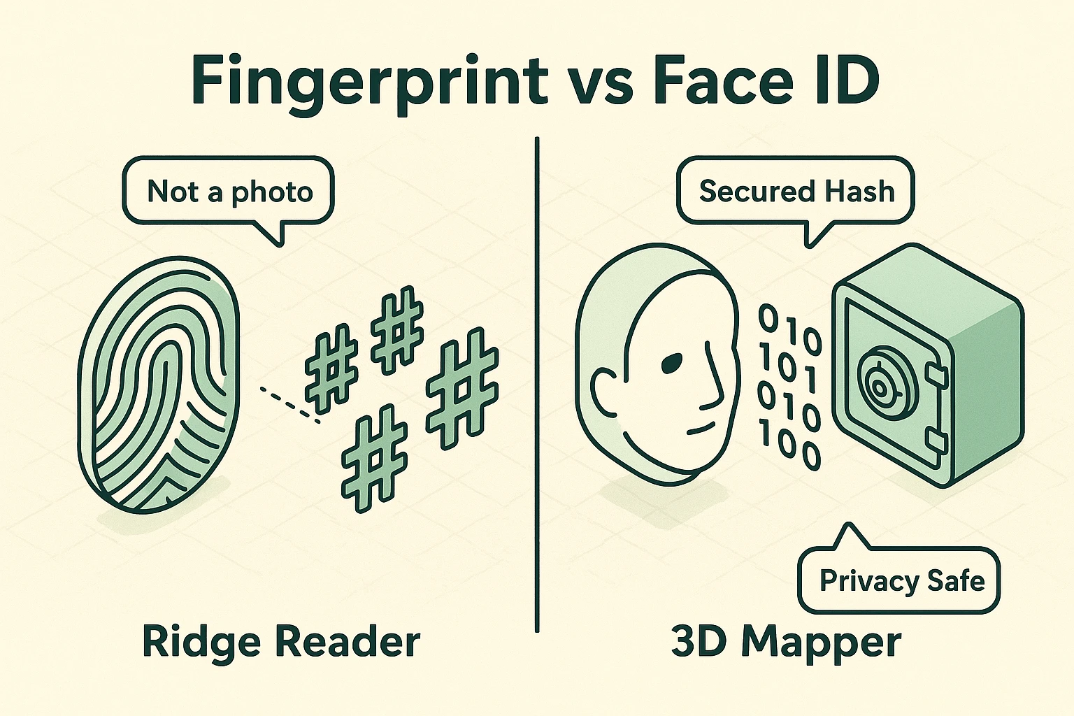This visual explains how fingerprint and facial biometrics convert physical traits into secured numeric data, debunking the myth that phones store actual photos.