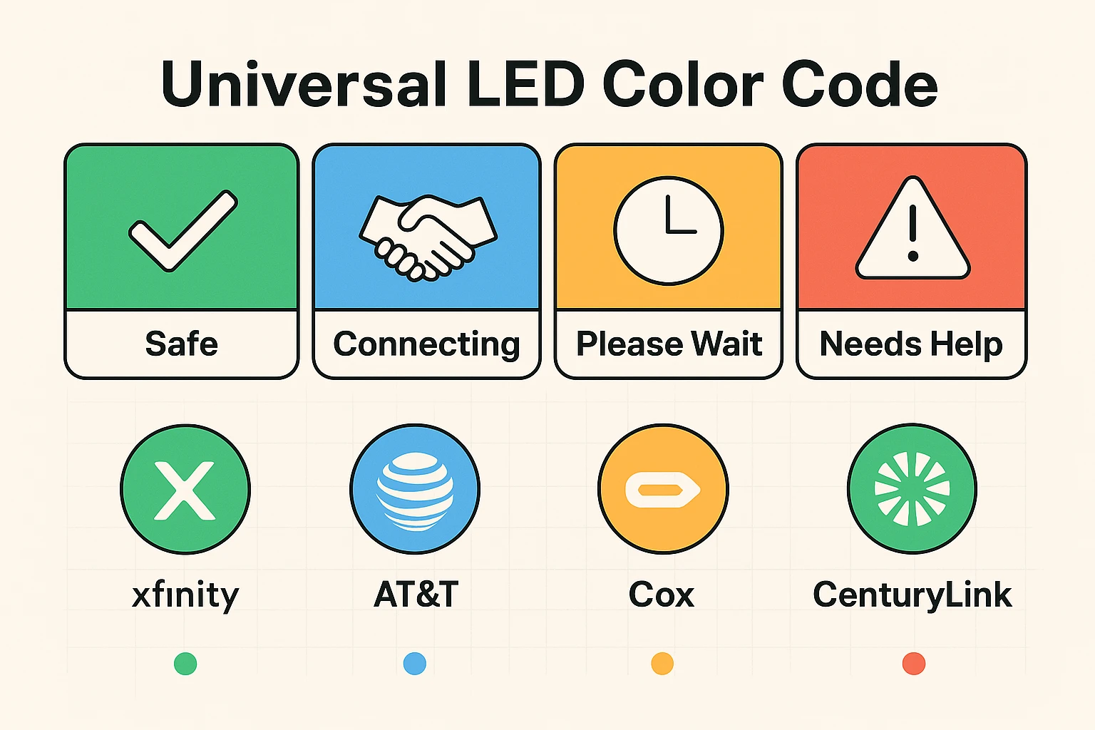 This matrix clarifies what different LED colors mean across leading internet providers, aiding seniors to quickly interpret blinking lights.