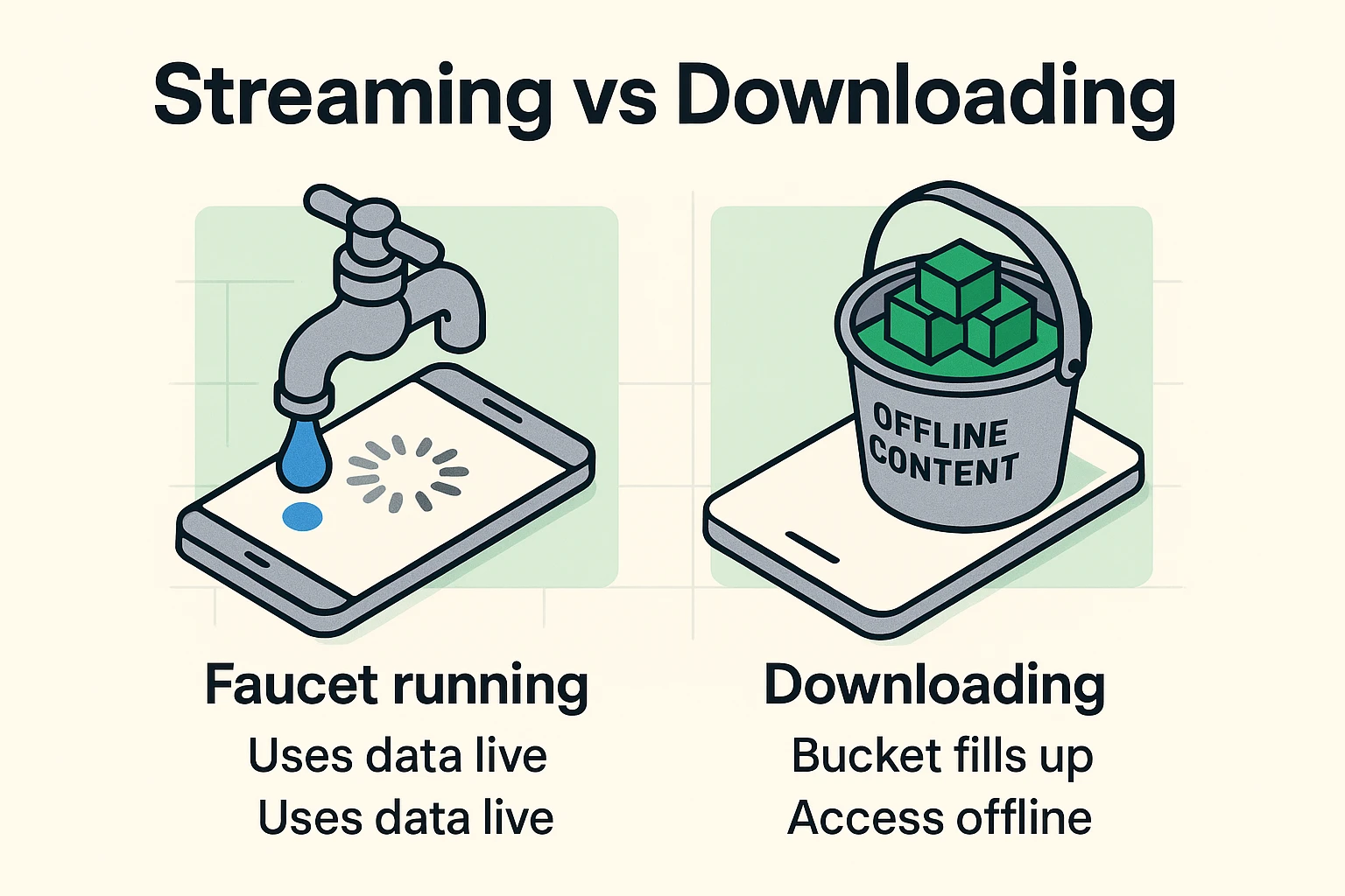 This image compares streaming data flow as a running faucet versus downloading as filling a bucket, illustrating the offline versus online content mental model for seniors.