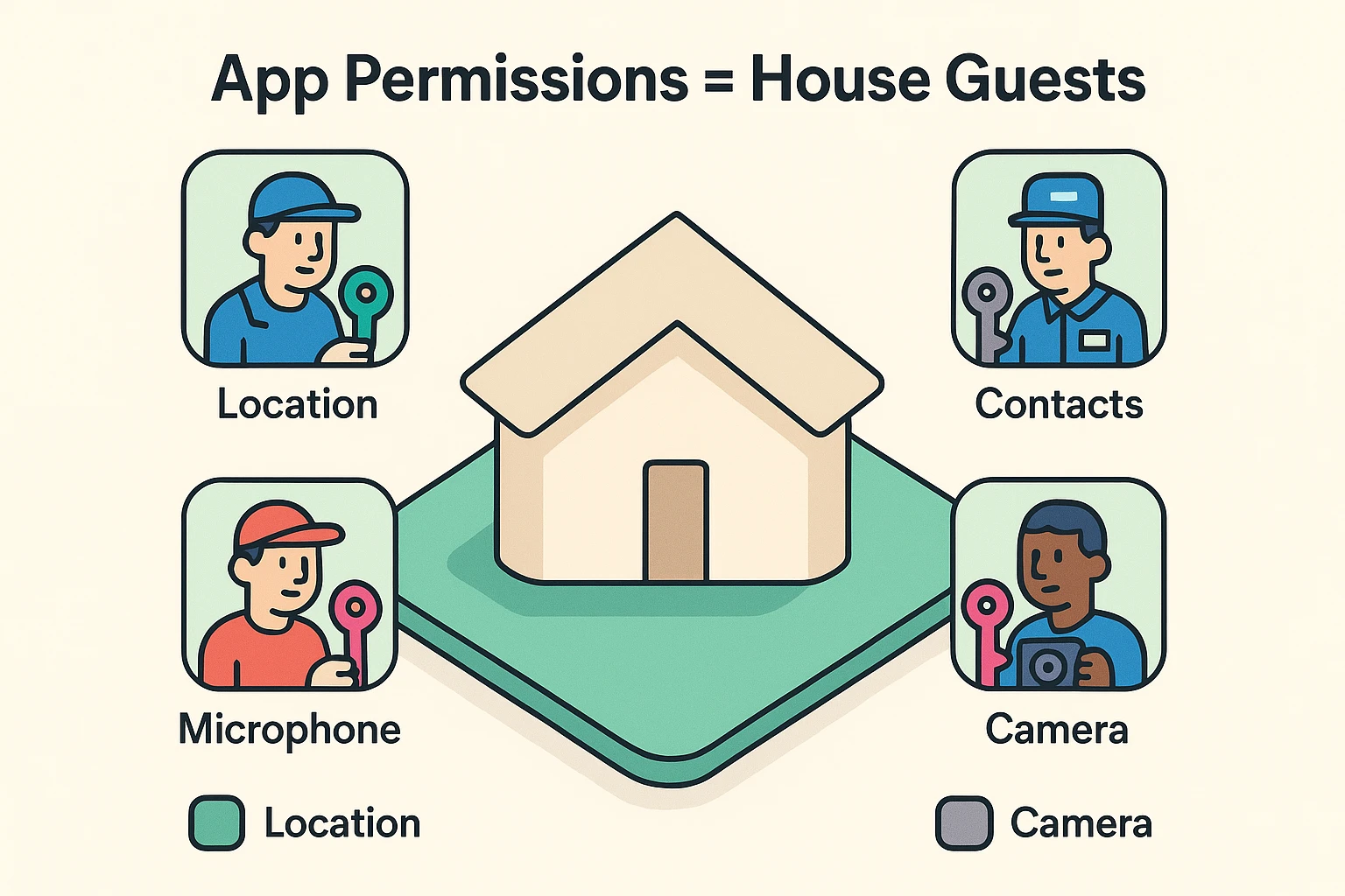 This image explains the 'House Guest' metaphor, helping seniors visualize app permissions as guests needing keys to different parts of their digital home.