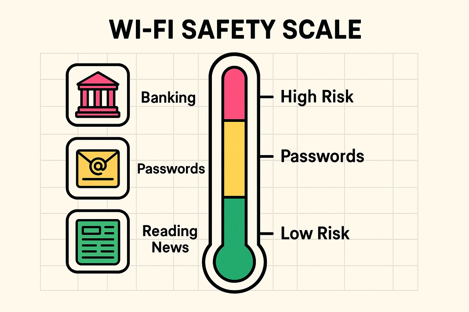 The safety scale helps seniors quickly identify which online activities are safe or risky when connected to public Wi-Fi, supporting informed decisions.