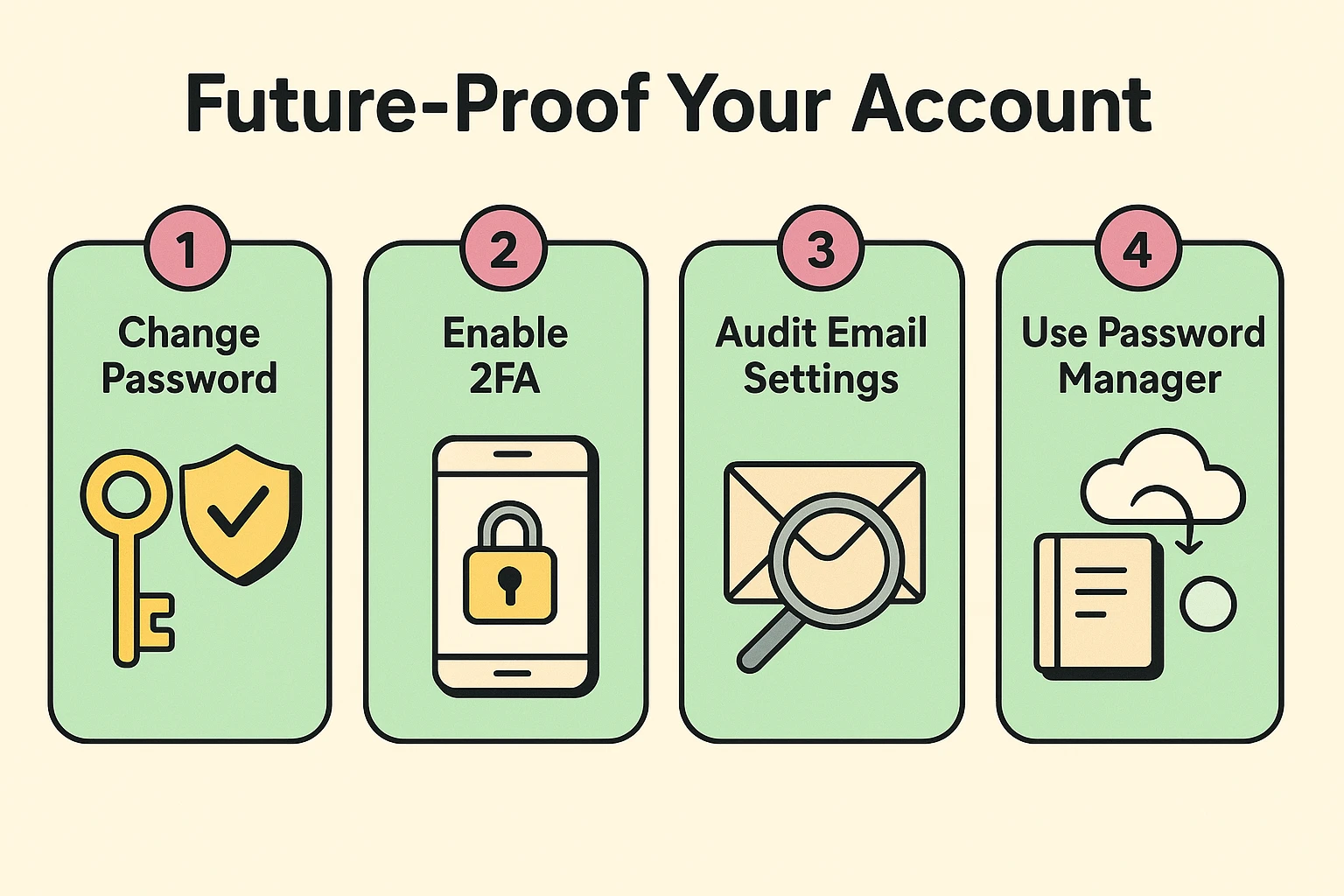 This process flow breaks down essential future-proofing actions for seniors to secure their email and accounts.