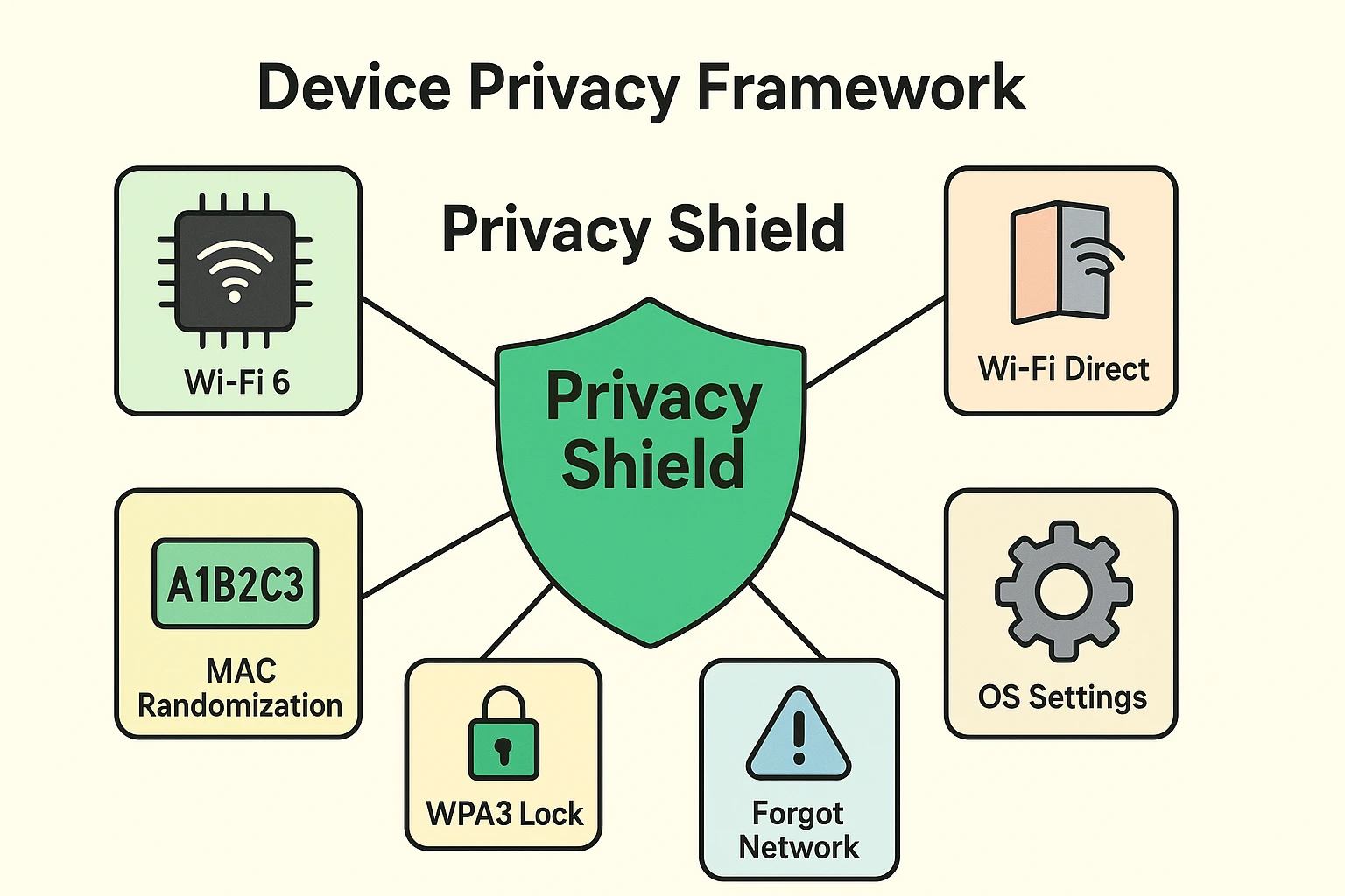This framework map helps seniors visualize how device hardware and settings combine to create privacy protections on public Wi-Fi.