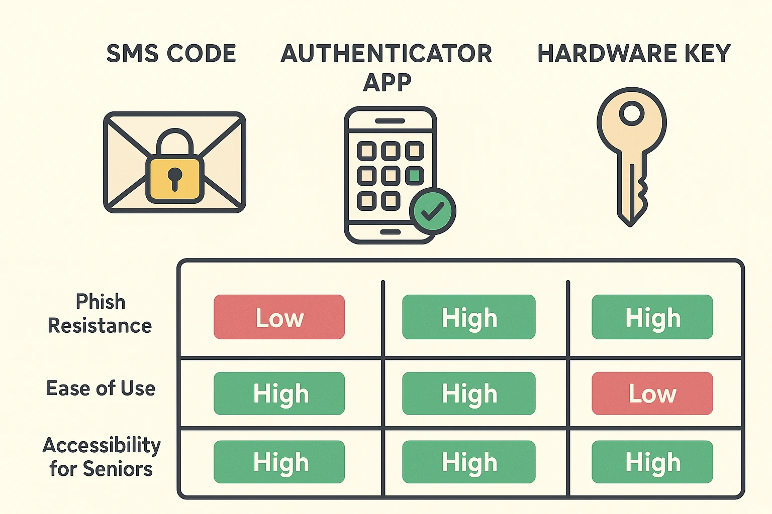 Hardware keys rank highly for security and ease of use for seniors.