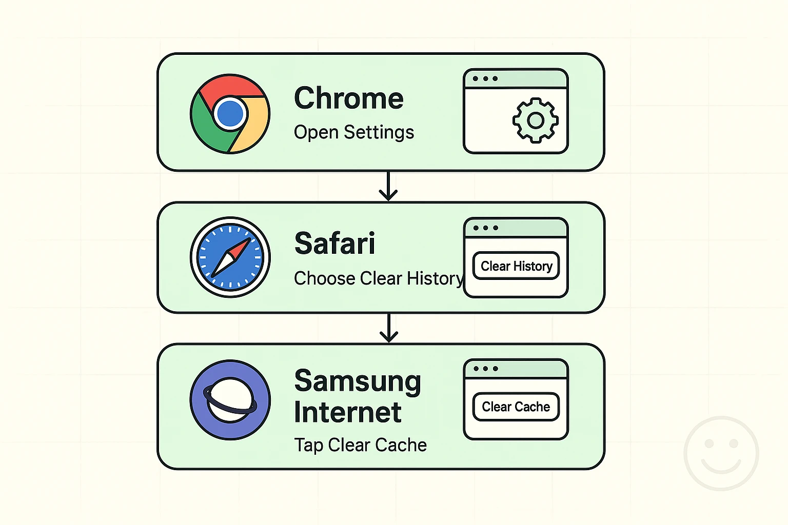 Stepwise visual guide helping seniors clear browser cache across devices, highlighting Samsung Internet for targeted mobile users.