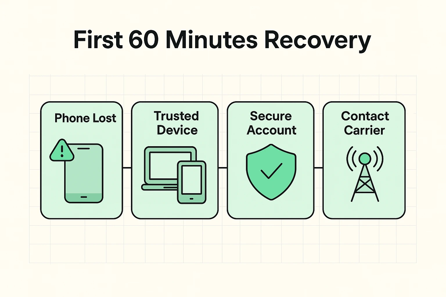 This image depicts the immediate triage steps seniors can take within the first 60 minutes after losing their phone, emphasizing finding trusted devices and securing accounts.