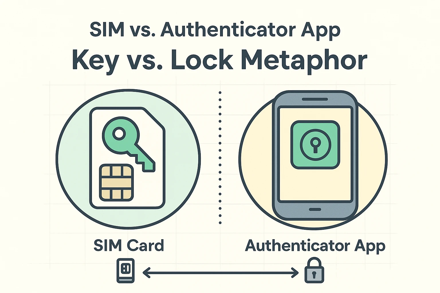This graphic explains the critical difference between losing a SIM card versus losing an authentication app, using the 'Key vs. Lock' metaphor to clarify misconceptions.