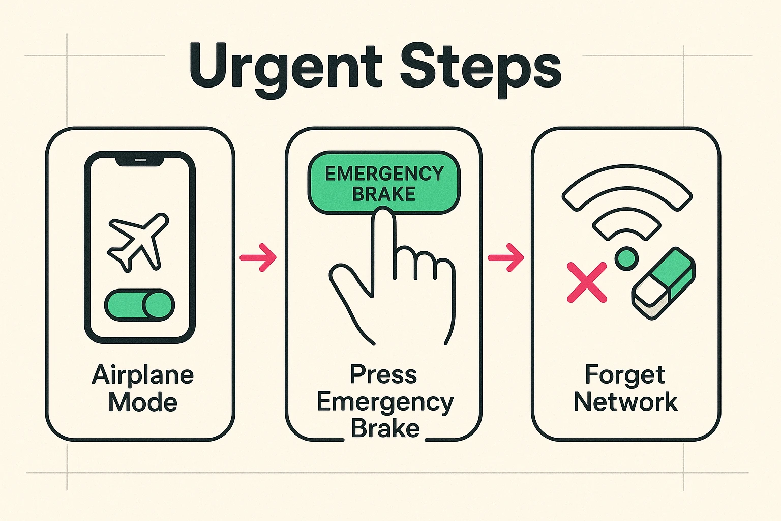 This visual guides seniors through the immediate steps to take after joining an unsafe Wi-Fi: activating Airplane Mode and forgetting the network to prevent data theft.