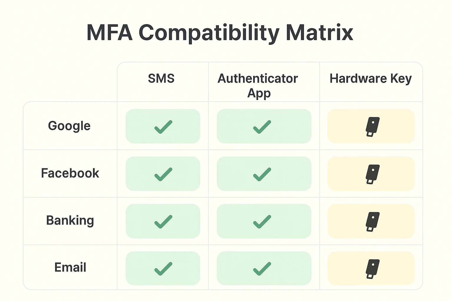 This matrix helps seniors understand which MFA methods work with key services, aiding their security choices.