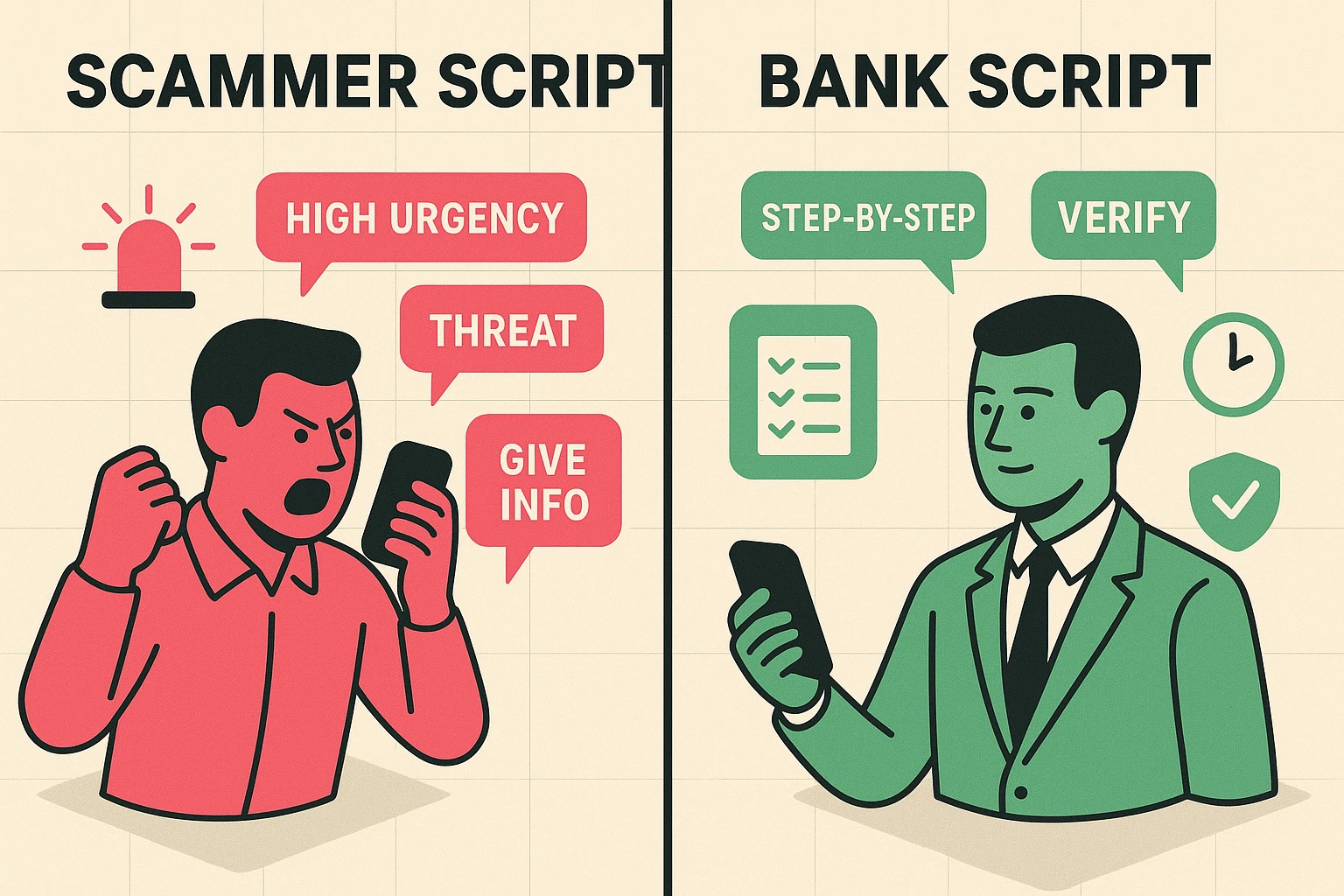 This image contrasts the emotional tactics of scammers against the measured, process-driven approach of real bank officers to help seniors discern authenticity.