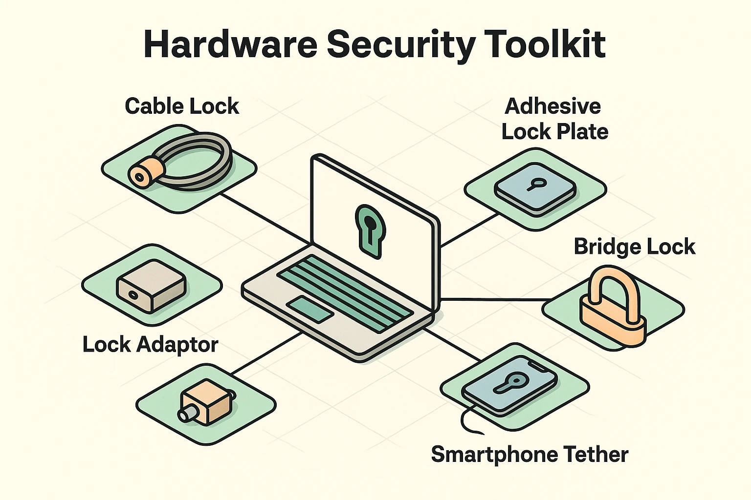 This visual map outlines various hardware tools for securing laptops, tablets, and phones, emphasizing options for devices with and without traditional lock slots.