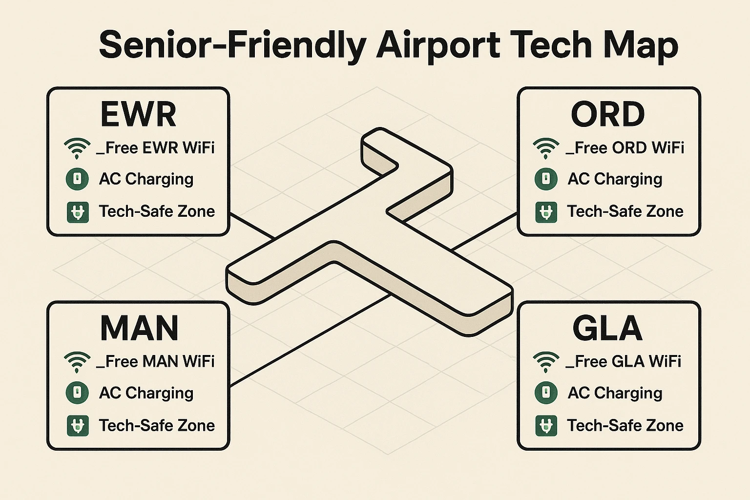 A visual guide mapping key airport tech resources tailored for seniors, featuring exact Wi-Fi names and safe charging locations to support confident travel.
