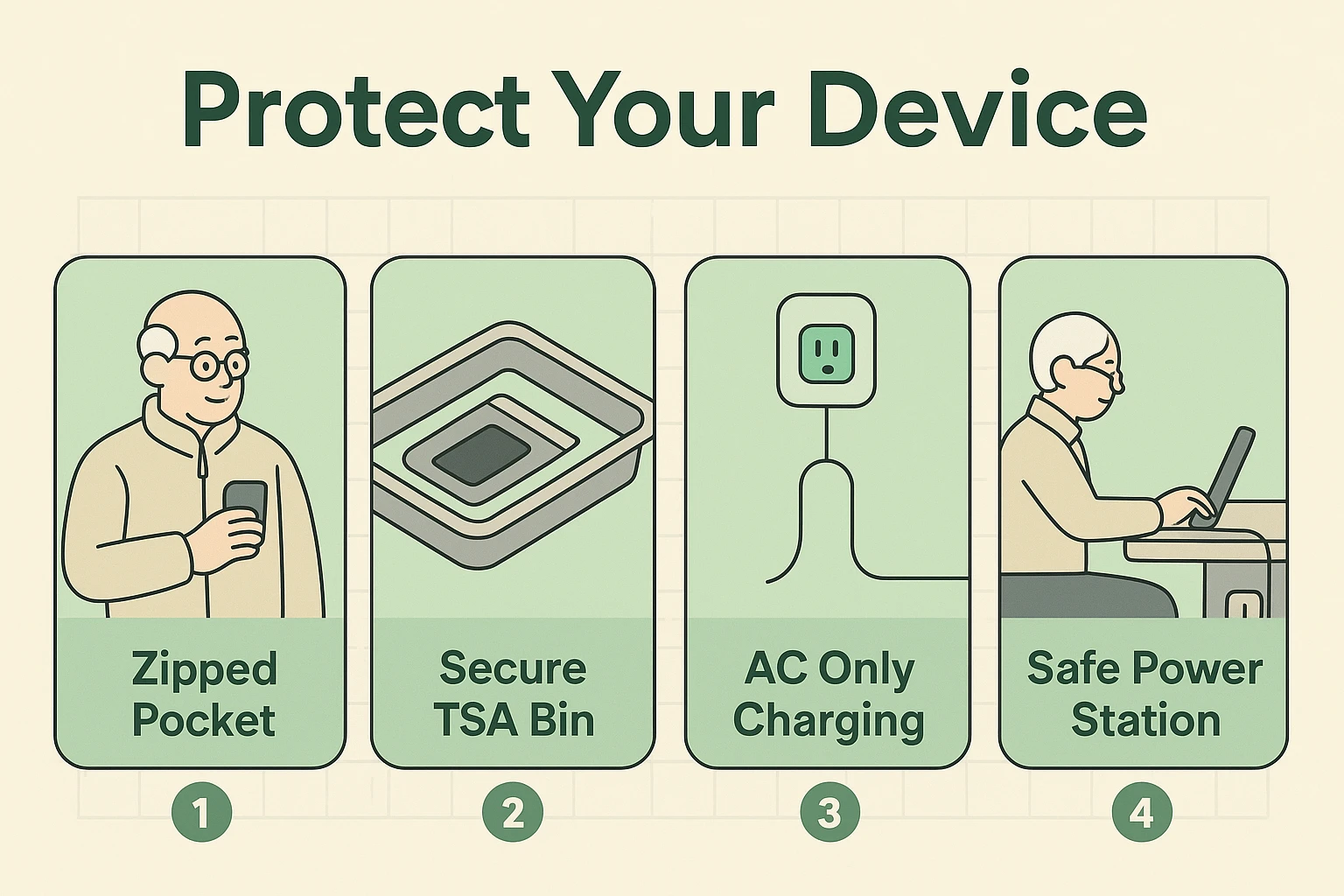 A stepwise guide teaching seniors practical physical safety actions to protect devices from theft or damage through TSA screening and while charging at airports.