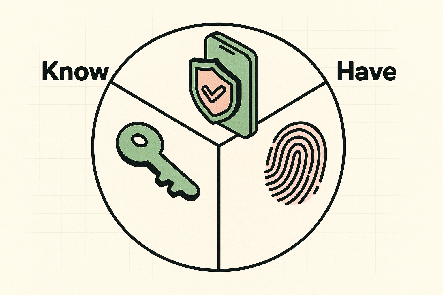 The 3 Pillars of Authentication explained visually to help seniors understand passwords, devices, and biometrics as security factors.