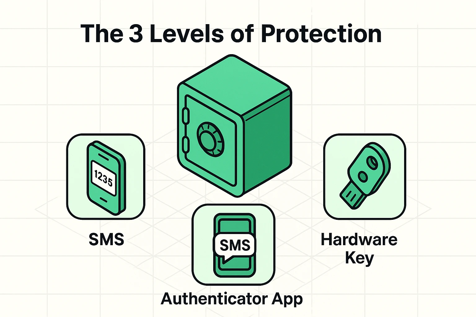 This visual explains multi-factor authentication by comparing SMS, authenticator apps, and hardware keys as layers of security tailored to seniors’ needs.